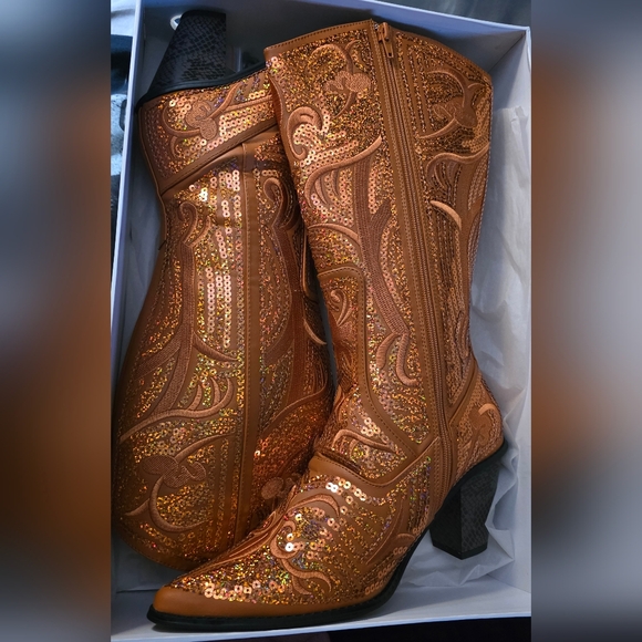 Sequin Embellished Burnt Orange Boots - Picture 1 of 5